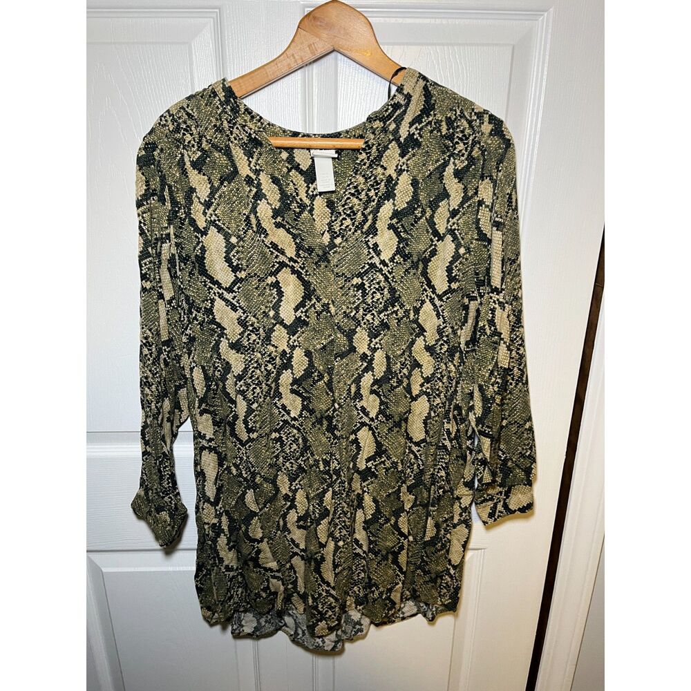 H&M Womens Snake Print Tunic Blouse US 14 Ruched Sleeve Animal Print Top